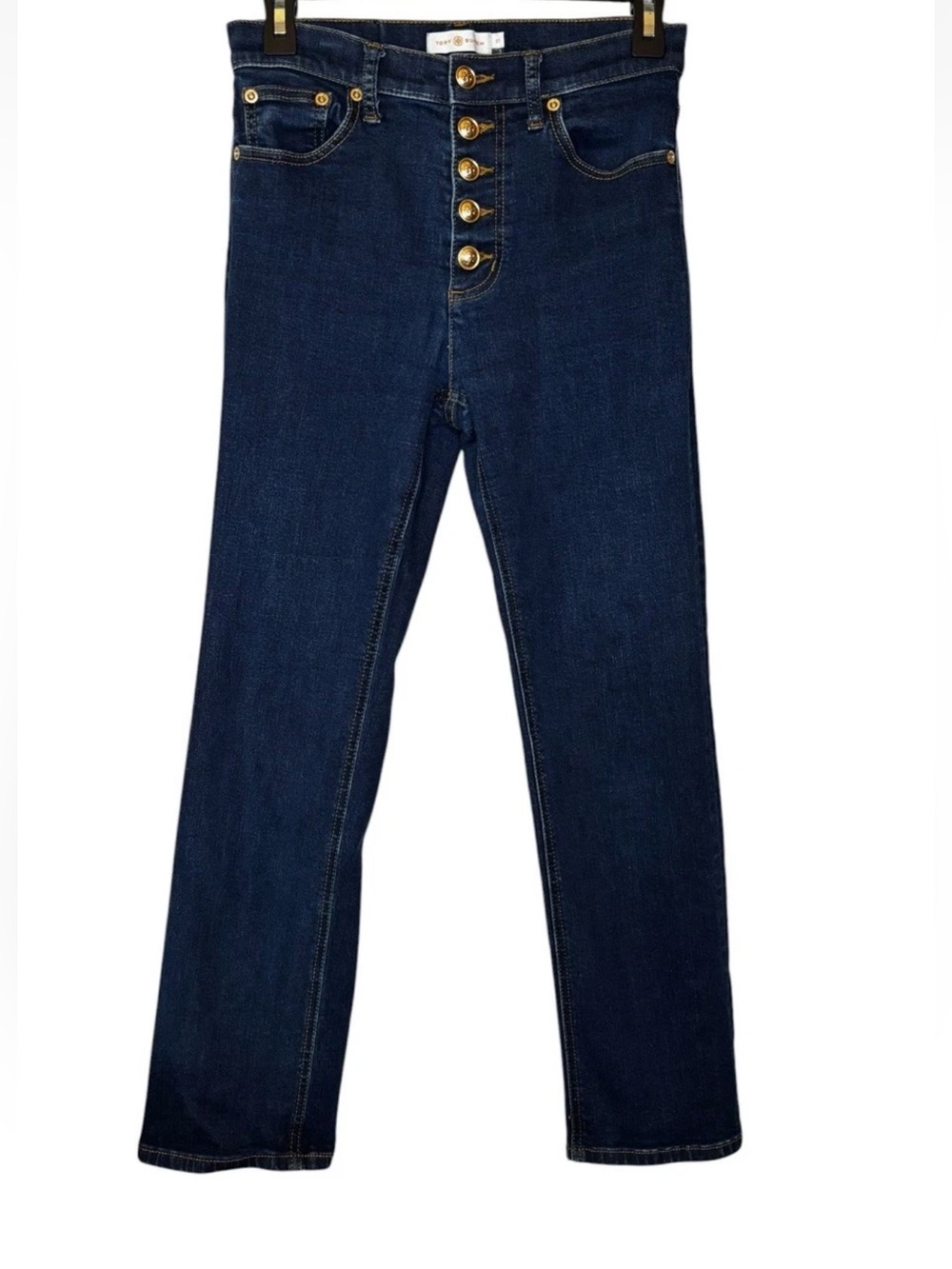 Tory Burch Gold Button Front Jeans Straight Leg Size 27 Ankle 26.5" Inseam